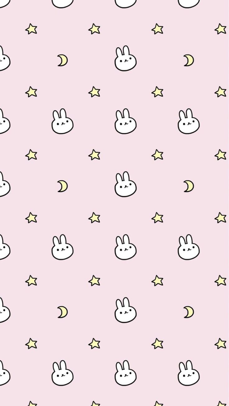 a pink wallpaper with bunny ears and stars on the bottom, in pastel colors