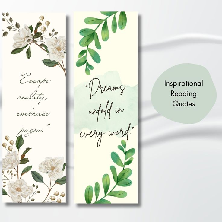 two bookmarks with green leaves and white flowers on them, one has an inspirational quote