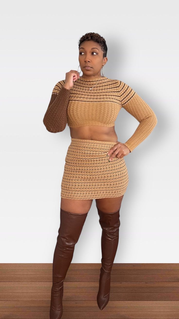 Features a stretchy knit fabric, crop top paired with high waisted mini skirt with elastic waistband, no closures. You can also wear as separates! Pair top with Cocoa Leggings or Pair bottom with Kendi or Fallyn Sweater. 100% Arcylic Model is wearing a medium. Stretch Two-piece Set With Mini Skirt, Trendy Fitted Brown Set, Two-piece Stretch Tops With Mini Length, Chic Stretch Mini Sets, Chic Stretch Mini Length Sets, Trendy Fitted Two-piece Crop Top Set, Trendy Fitted Two-piece Crop Top, Fitted Cropped Sweater For Party, Two-piece Stretch Set With Mini Length