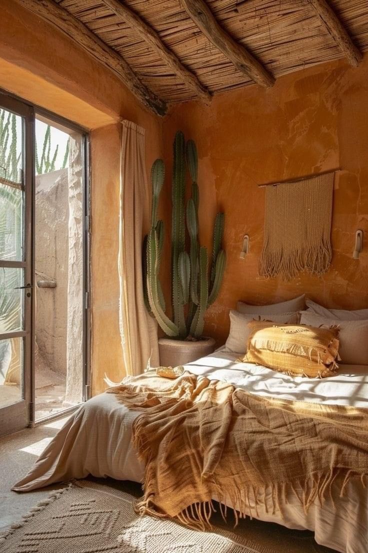 a bedroom with an orange wall and cactus decor