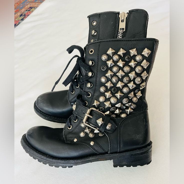 Ash Ryanna Studded Biker Boots Great Condition Size 39 Made In Mexico Leather Rocker Boots With Studs, Rocker Leather Boots With Studs, Studded Leather Moto Boots For Streetwear, Black High-top Rock Moto Boots, Edgy Spiked Ankle Moto Boots, Rock Style Black High-top Moto Boots, Edgy Ankle Moto Boots With Spikes, Rock Style High-top Black Moto Boots, Alternative Leather Boots With Studs