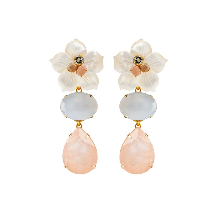 These flower earrings exude enchanting glamour with faceted mother of pearl flowers, chalcedony, and rose quartz set in a 14k gold-plated brass setting. They can be worn in four different ways, either with one or both dangles, or just the cluster buttons on their own. Any of these looks would be a reflection of good taste. SKU: SFEC-1D-2 Mother of Pearl, Chalcedony & Rose Quartz Convertible Earrings Semi Precious Stones Measures 2 3/4"l X 1" Material: 14K gold plated brass Availble in Clip on, B Pearl Flower Earrings, Convertible Earrings, Interchangeable Earrings, Pearl Flowers, Pearl Flower, Semi Precious Stones, An Eye, Flower Earrings, Matilda