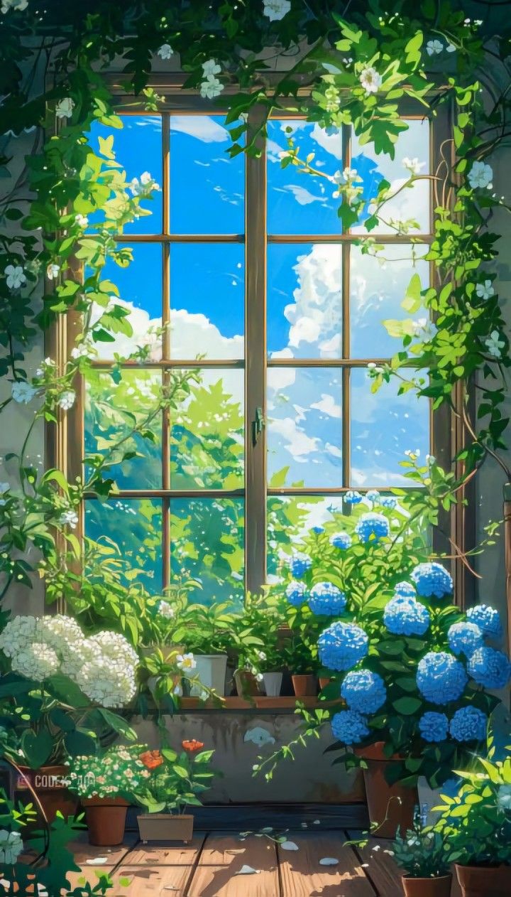 an image of a window with blue flowers and greenery on the windowsills