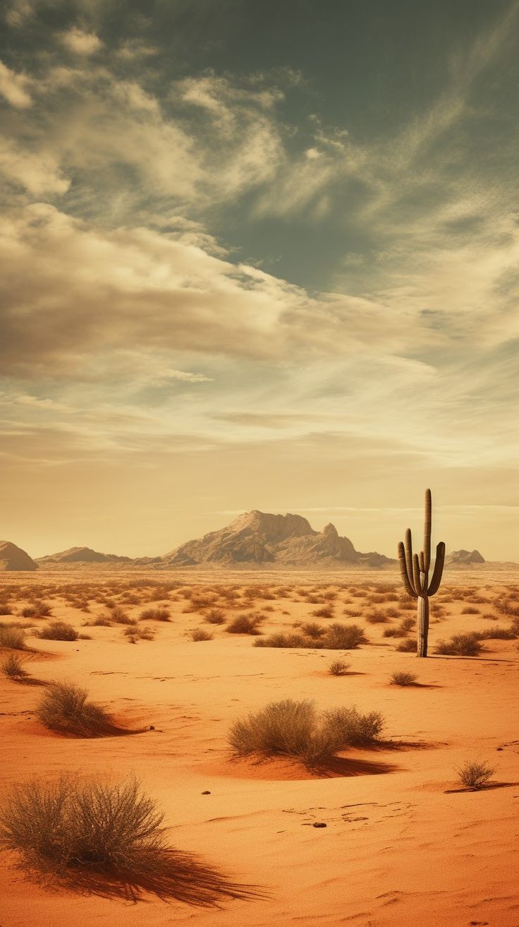 a desert scene with a cactus in the foreground