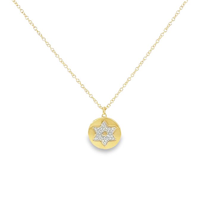 Shy Creation. 14-karat yellow gold 'Star Of David' necklace with 0.07ctw of round diamonds. Diamond Star Charm Pendant Necklace, Luxury Diamond Necklace With Star Charm, Star-shaped Diamond Necklace With Single Cut Diamonds, Luxury Star Necklace With Single Cut Diamonds, Yellow Gold Charm Necklace With Star Of David Charm, Luxury Star-shaped Necklace With Single Cut Diamonds, Star Shaped Diamond Necklace With Single Cut Diamonds, Gold Star-shaped Necklace With Diamond Accents, Luxury Star Of David Necklace With Star Charm