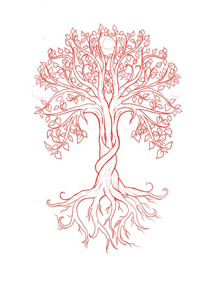 a drawing of a tree with its roots in the shape of a sun and leaves