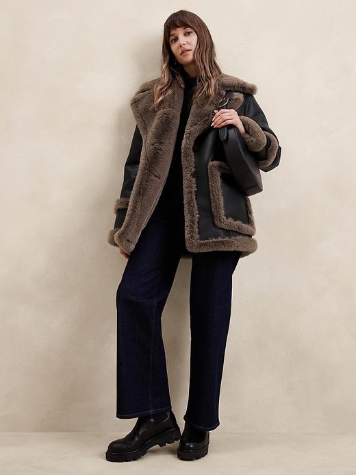 Vegan Leather Shearling Jacket | Banana Republic Factory Shearling Long Sleeve Outerwear For Fall, Long Sleeve Shearling Outerwear For Fall, Shearling Outerwear With Pockets For Work, Shearling Outerwear With Faux Fur Lining For Fall, Chic Shearling Leather Jacket For Work, Fall Outerwear With Faux Fur Lining And Sheepskin, Sheepskin Long Sleeve Outerwear For Fall, Fall Sheepskin Outerwear With Faux Fur Lining, Fall Shearling Leather Jacket With Faux Fur Lining