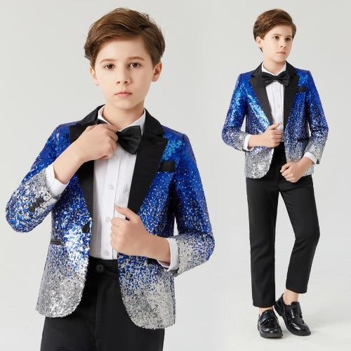 Sequin Coat Boys Showman Suit Set Blue Long Sleeve Party Suit, Blue Tuxedo Party Set, Blue Party Suits With Suit Collar, Blue Tuxedo Blazer For Party, Formal Long Sleeve Sets For Party Season, Blue Fitted Dress-up Sets, Kids Party Wear Boys, Sequin Coats, Galaxy Wedding