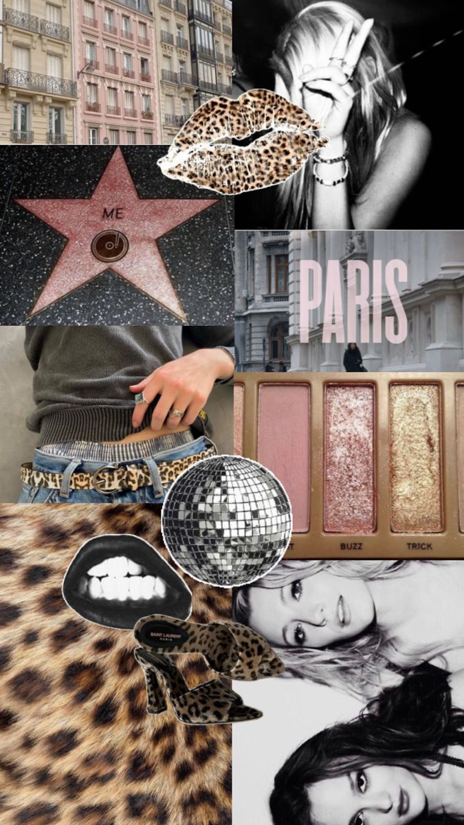 a collage of photos with the words paris on it and pictures of women in leopard print