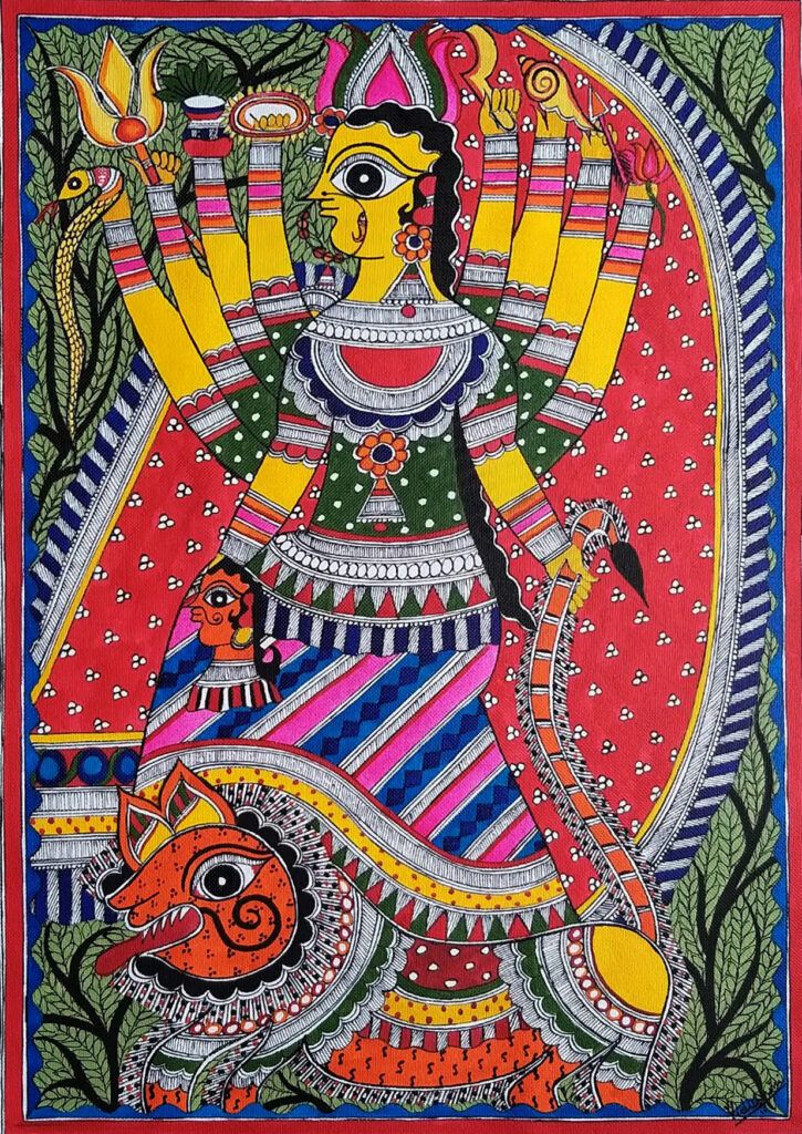 Home - Madhubani by Vidushini Madhubani Art Durga Maa, Maa Durga Madhubani Painting, Madhubani Durga Painting, Maithili Painting, Durga Madhubani Painting, Lion Goddess, Madhubani Paintings Peacock, Workshop Painting, Deities Art