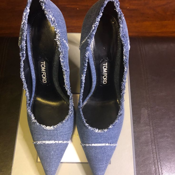 Tom Ford Never Worn Jean Heels Designer Heels With Contrasting Heel Counter And Pointed Toe, Designer Heels With Contrasting Heel And Pointed Toe, Designer Blue Pointed Toe Heels, Designer Blue Almond Toe Heels, Designer Heels With Wrapped Heel And Round Toe, Jean Heels, Tom Ford Shoes, Jeans With Heels, Chanel Ballet Flats