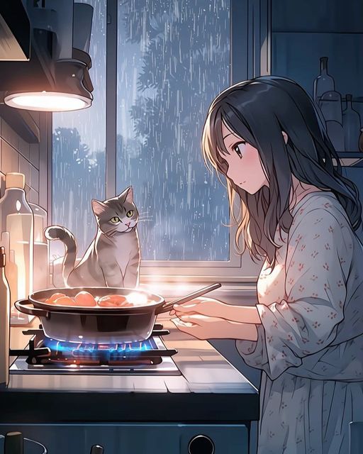 a woman cooking food with a cat sitting on the burner in front of her