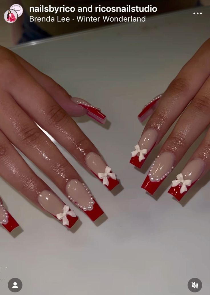 Red Nails Acrylic With Bow, Red Acrylic Nails With Charms, Nail Ideas Acrylic Red, Red Holiday Nails Acrylic, Cute Nails Red, Red Bow Nails, Red French Tip Acrylic Nails, Red Nail Design, Red French Tip