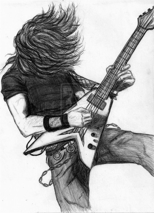 a black and white drawing of a man playing guitar with his hair blowing in the wind