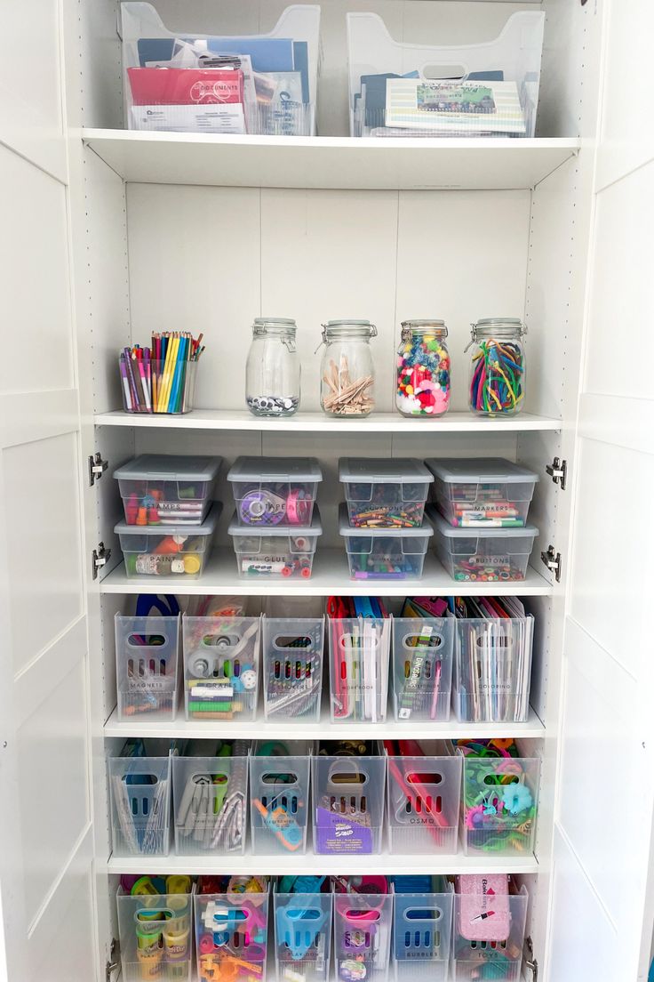 We love how this craft closet turned out. We used clear bins to make retrieval and cleanup a breeze! We of course used labels to create an easy-to-follow system. Click here to see what we used. Toy Closet Organization, Closet Organization Bins, Toy Room Organization, Craft Closet Organization, Craft Closet, Arts And Crafts Storage, Clear Bins, House Organisation, Baby Boy Room Decor