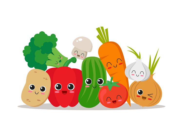 a group of vegetables with faces drawn on them