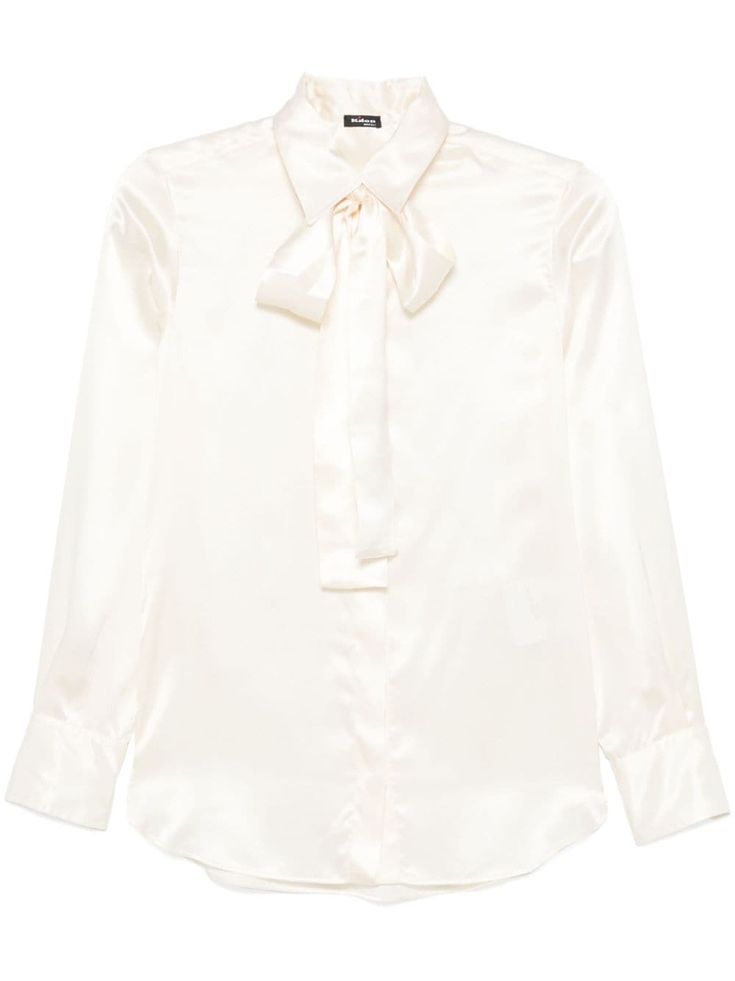 white silk satin weave concealed front button fastening pointed flat collar long sleeves buttoned cuffs curved hem Elegant Silk Shirt For Formal Occasions, Elegant Silk Business Shirt, Elegant Silk Evening Shirt, Chic Silk Business Blouse, White Silk Blouse For Office, White Silk Top For Semi-formal Occasions, Elegant White Blouse With Fold Down Collar, Elegant Silk Shirt With Concealed Placket, Chic Silk Blouse For Business