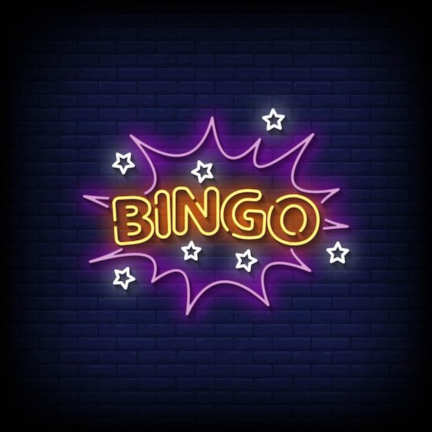 a neon sign that says bingo with stars on the top and below it, against a dark brick wall