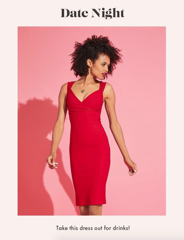 a woman in a red dress is standing against a pink background with the caption date night takes this dress out for drinks