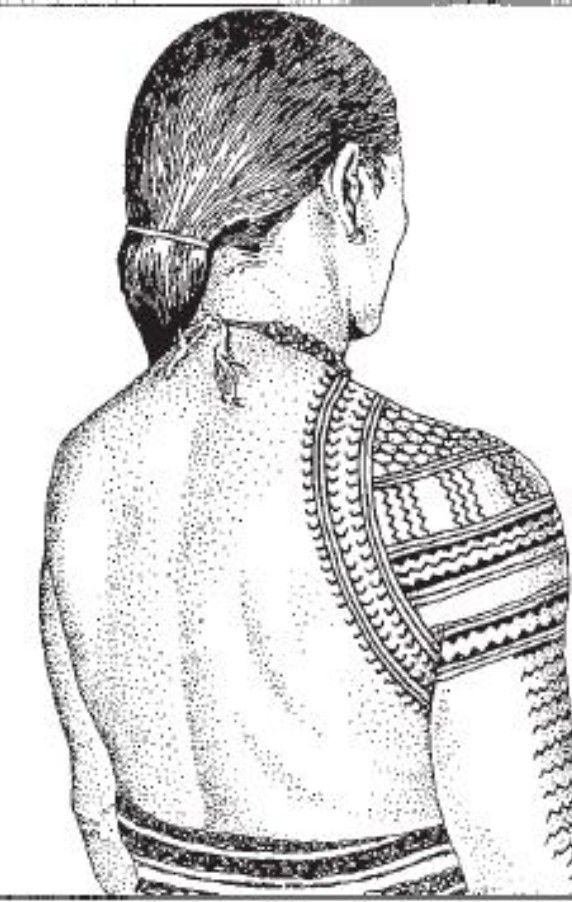 the back of a woman's head with tattoos on her neck and shoulder, in black and white