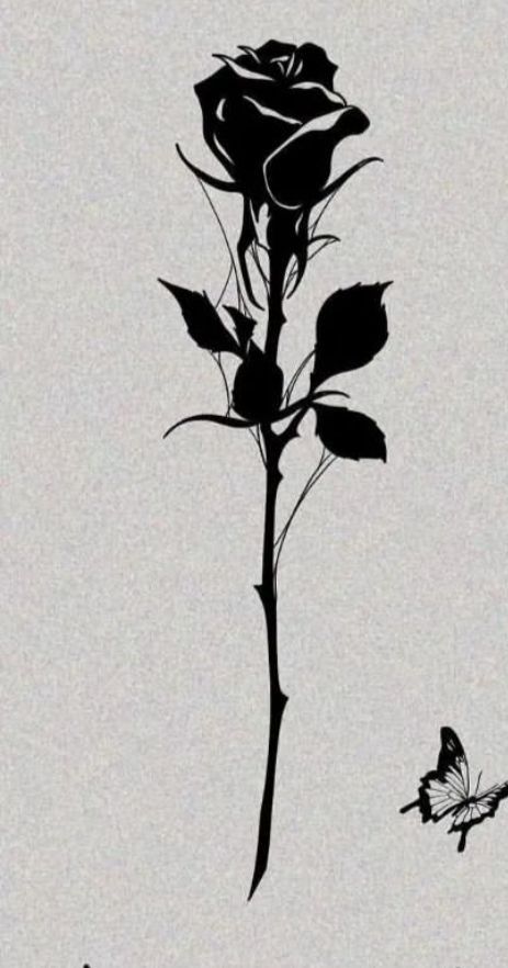 a black and white drawing of a rose with a butterfly flying by it's side