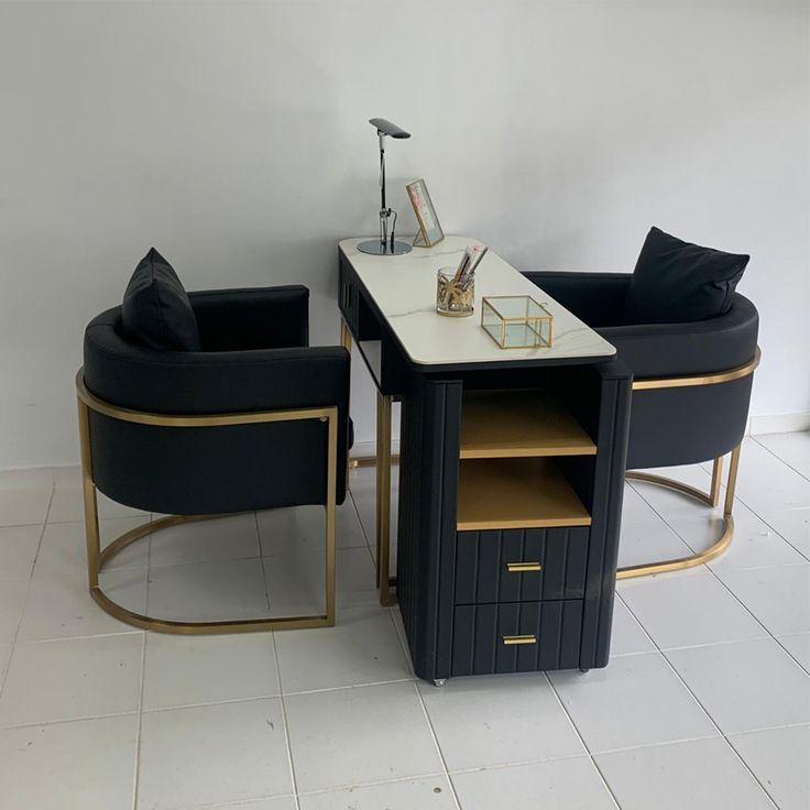 two chairs and a table in a room with white tile flooring on the ground