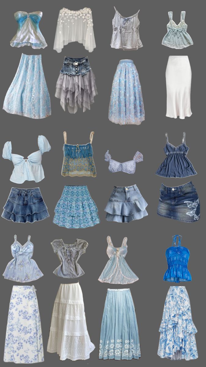 many different types of dresses are shown in this image, including one with blue and white flowers