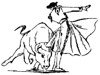 a black and white drawing of a man standing in front of a bull with his arm outstretched