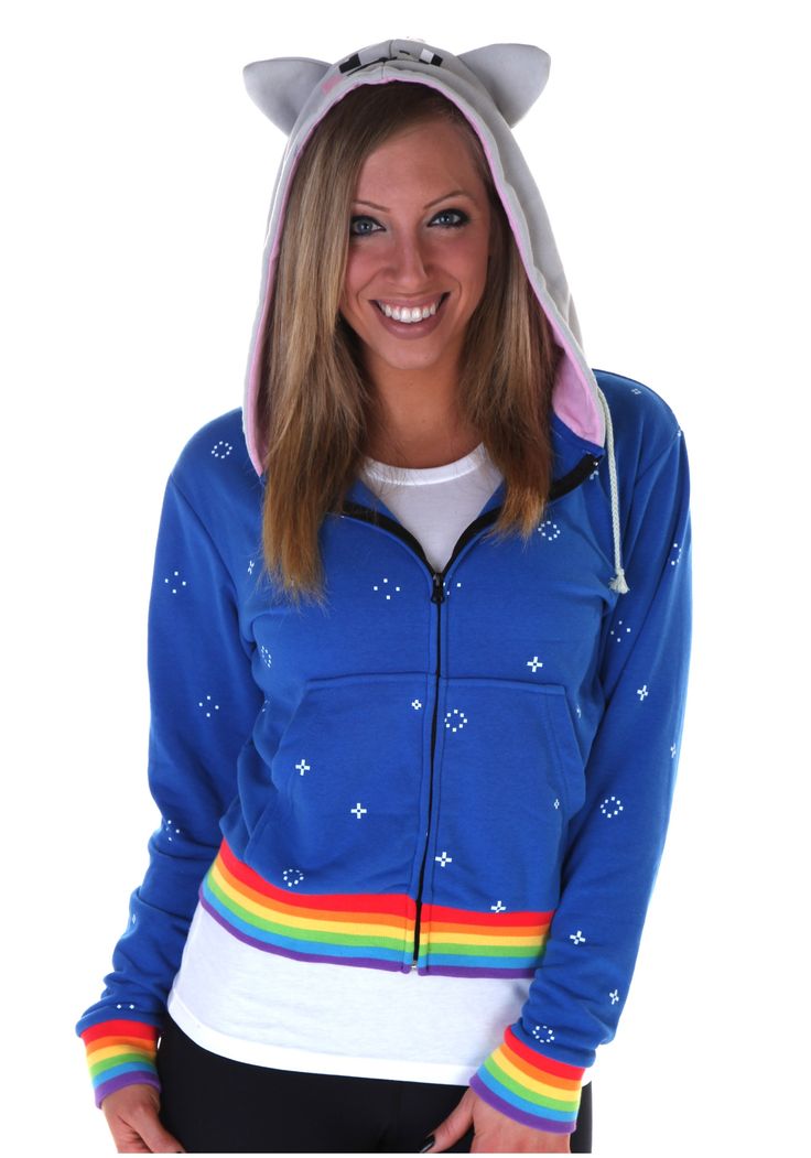 a woman wearing a blue hoodie with cat ears on it