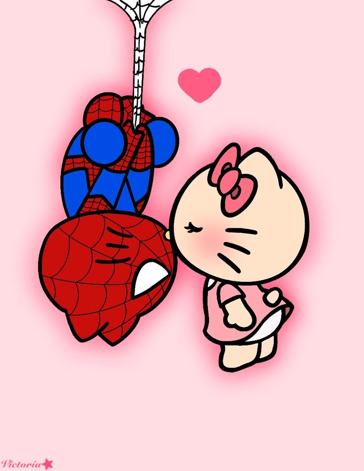 a cartoon character kissing a spiderman hanging from a heart - shaped hook on a pink background