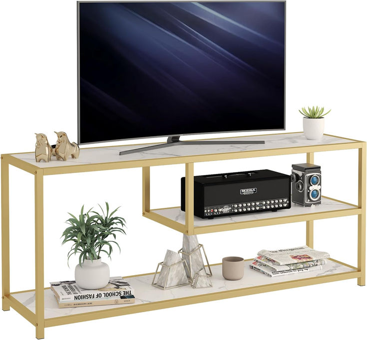 a flat screen tv sitting on top of a wooden shelf next to a potted plant