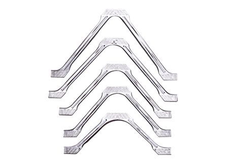 five pieces of silver metal are arranged in a triangle shape on a white background,