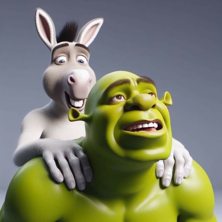 an animated donkey and a green man with their heads turned to look like they are hugging each other