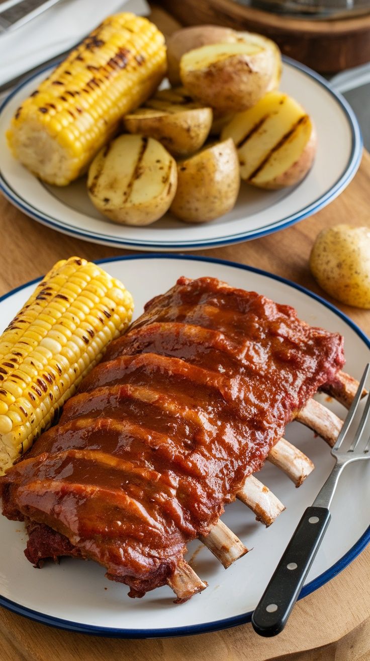 two plates with corn on the cob, potatoes and barbecue ribs next to each other