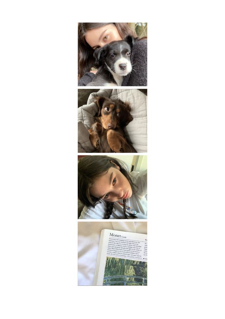 three pictures of a woman with her dog and an open book in front of her