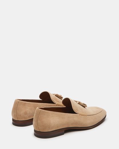 ONDRE Sand Suede Tassel Loafer | Men's Dress Shoes – Steve Madden Modern Slip-on Tassel Loafers With Brogue Detailing, Business Slip-on Loafers With Tassels, Modern Tassel Loafers With Brogue Detailing, Classic Suede Tassel Loafers For Formal Occasions, Elegant Suede Tassel Loafers With Brogue Detailing, Office Slip-on Loafers With Tassels, Elegant Slip-on Moccasins With Tassels, Formal Tassel Slip-on Moccasins, Office Tassel Loafers Slip-on