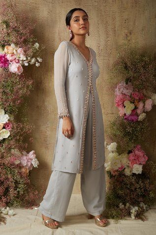 Shop for  Grey Georgette Crystal Embellished Slit Kurta With Pant for Women Online at Aza Fashions Georgette Palazzo, Online Wedding Dress Shopping, Georgette Kurta, Indian Wedding Wear, Chiffon Dupatta, Designer Lehenga Choli, Traditional Attire, Kurta With Pants, Indian Wedding Dress