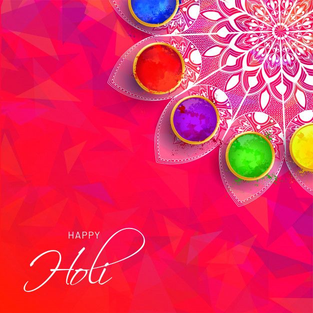 an abstract colorful background with happy holi written on the side and three different colored candies