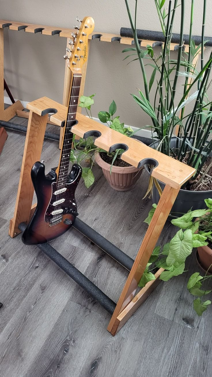 an electric guitar sits on a stand next to potted plants and a planter