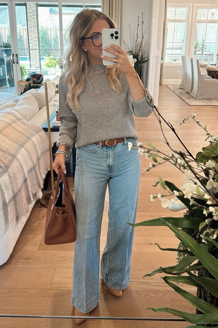 Superwide-Leg Jeans in Lintz Wash curated on LTK Tan Mock Neck Top Outfit, Black Boot Leg Jeans Outfit, Wrangler Trouser Jeans Outfit, Style 2025 Womens Fashion, Office Jean Outfits Women, Wrangler Jeans Outfits Woman, Business Casual Light Jeans, Jeans With Pumps Outfit, Flattering Mom Outfits