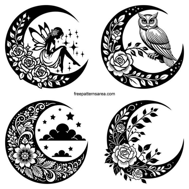 four images of the moon with flowers and an owl sitting on it