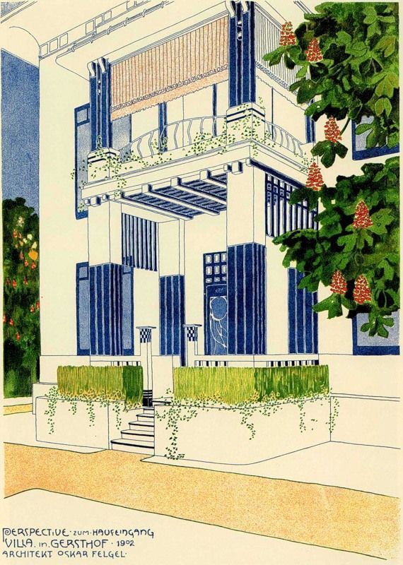 an architectural drawing of a house with blue shutters and balconies