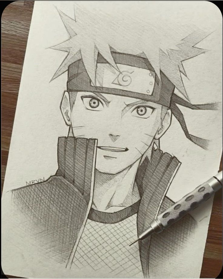 a pencil drawing of naruto from the anime series, with his head tilted to the side