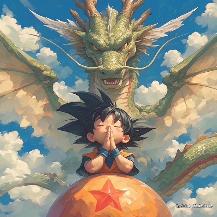 the dragon and boy are sitting on top of an orange ball with their hands together