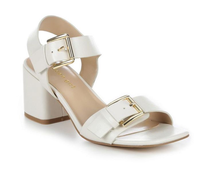 a woman's white high heeled sandal with two straps and buckles