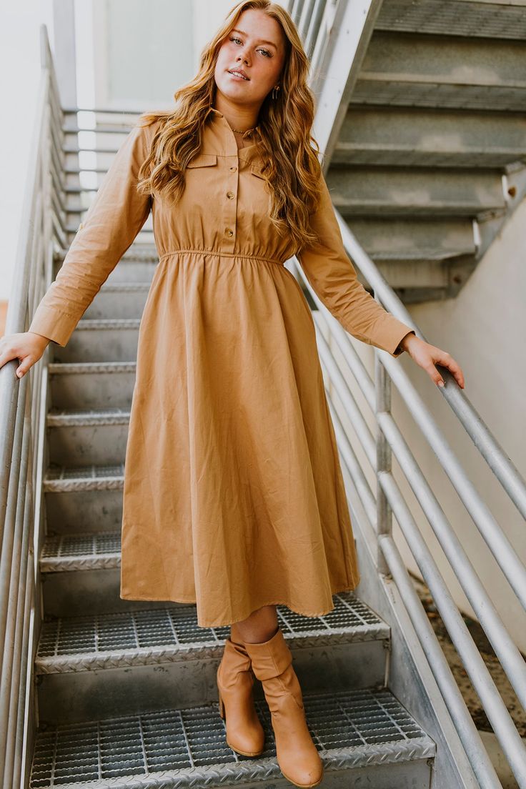 Fall Collared Neckline Shirt Dress, Beige Button-up Cotton Dress, Fall Shirt Dress With Placket, Beige Collared Midi Dress, Modest Cotton Maxi Dress For Fall, Collared Maxi Dress With Buttons For Day Out, Button-up Maxi Dress For Fall, Fall Dresses With Button Closure For Daywear, Modest Brown Midi Dress