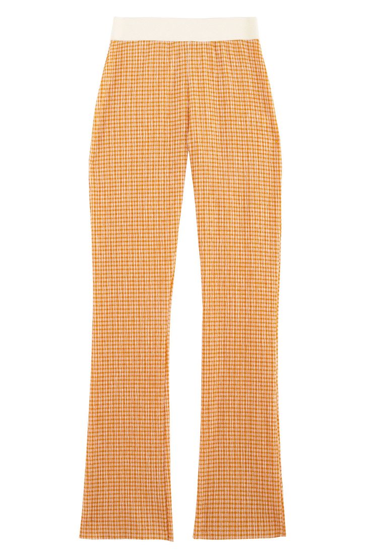 High rise straight leg pant in a lightweight, gingham fabric. Contrasting elastic waistband. Gingham fabric 69% polyester, 30% cotton, and 1% polyurethane. Ella is 6' tall, 35" bust, 26" waist, 36" hip, and is wearing a size XS. Gingham Pants, Straight Leg Pant, Gingham Fabric, Orange White, Line Design, Straight Leg Pants, Sale Design, Bottoms Pants, Modern Woman