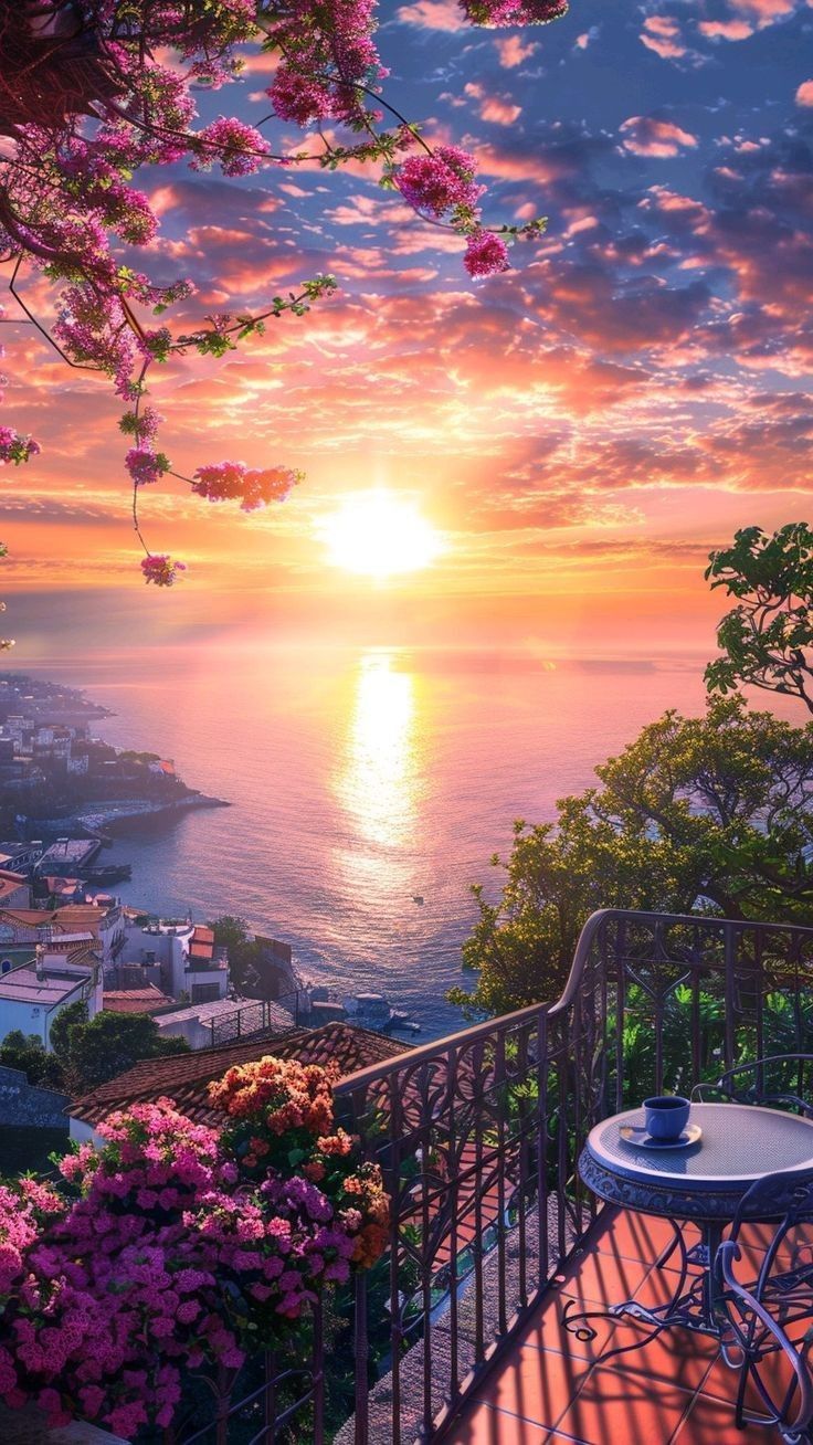 the sun is setting over the ocean and flowers are blooming on the railings