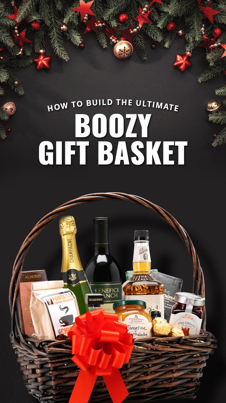 the boozy gift basket is on display in front of a black background with red bows