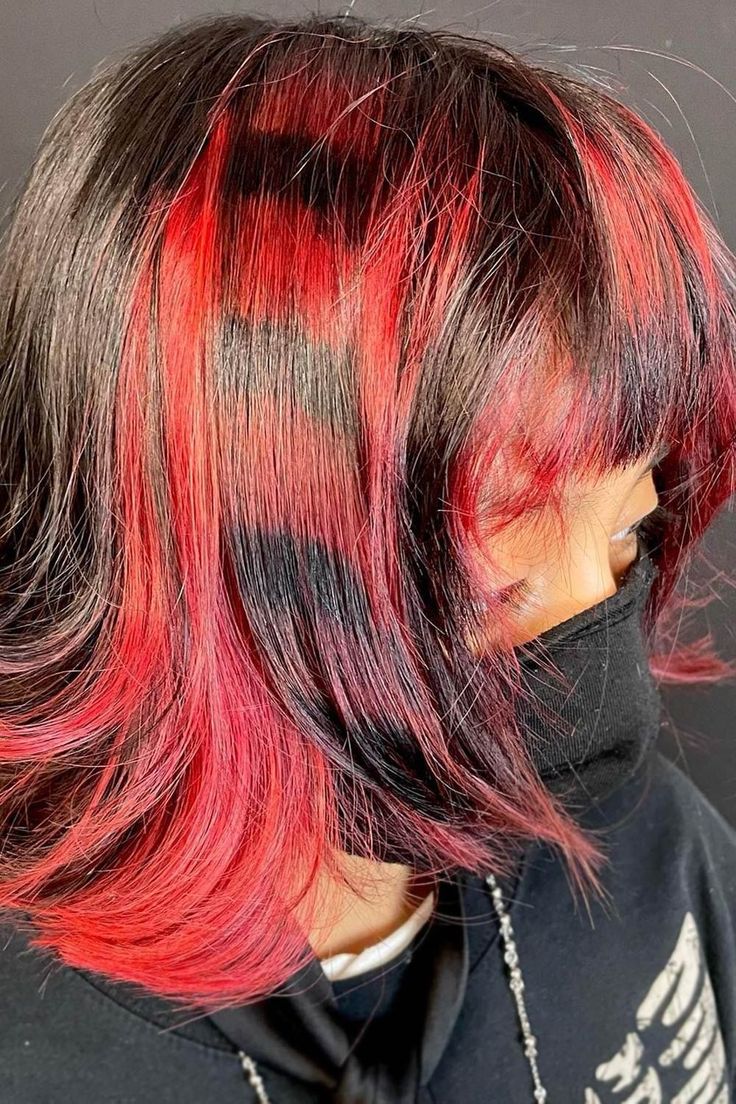 Crimson Charm: Elegant Red Dye Hairstyles for Every Occasion Raccoon Stripes, Emo Hair Color, Scene Hair Colors, Underdye Hair, Raccoon Tail, Hair Stripes, Skunk Hair, Black Red Hair, Hair Color Spray